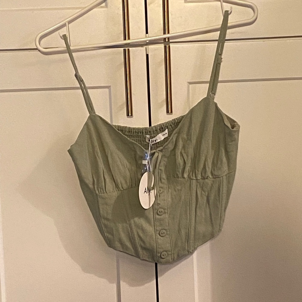 Ally Green Cami Crop Top Corset Linen casual chic coquette cottagecore milkmaid - Picture 5 of 15